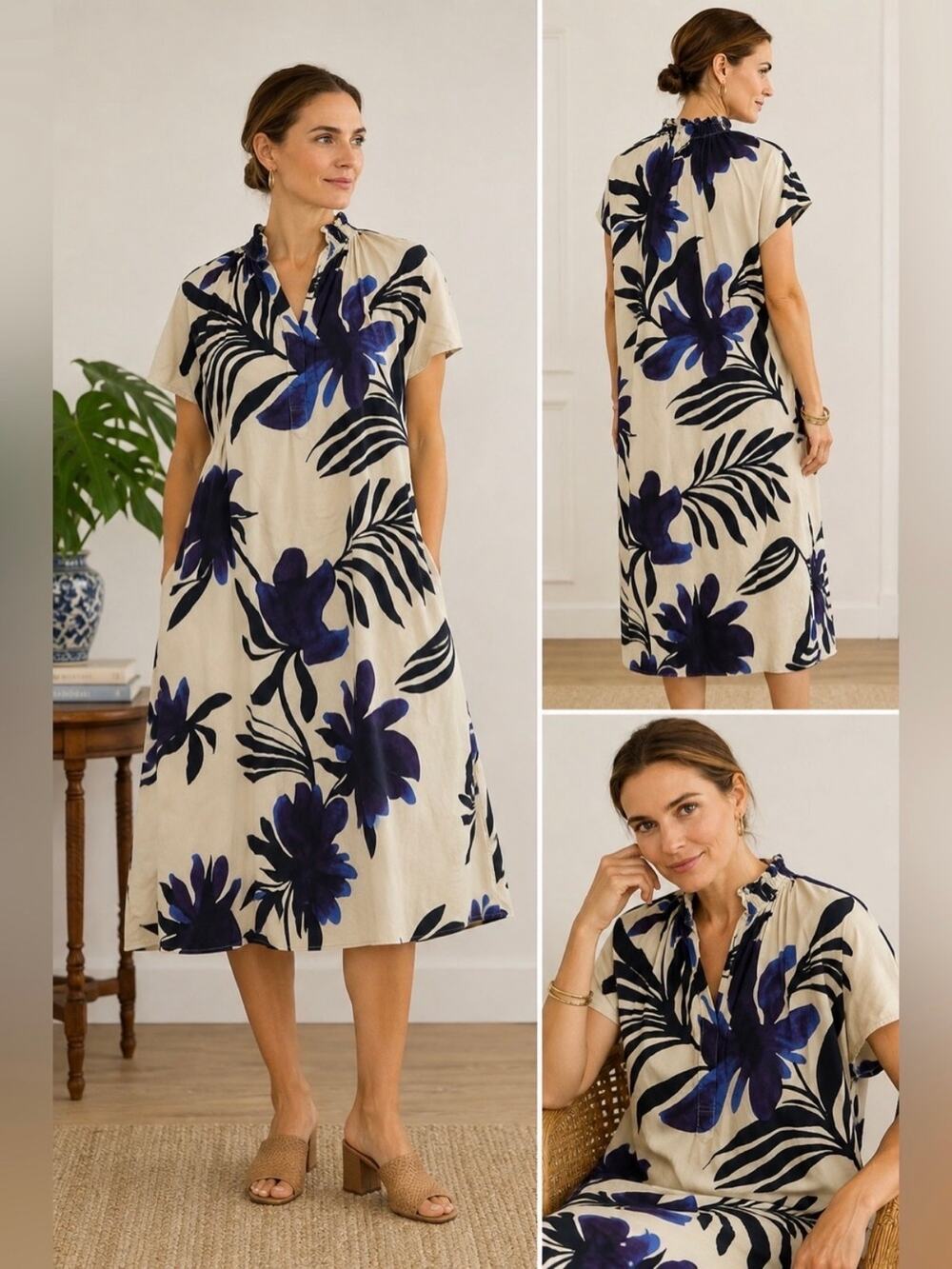 Ann Mashburn Tan&Blue Floral Cotton Atlelier Kami Volume Dress Sz.S NWT